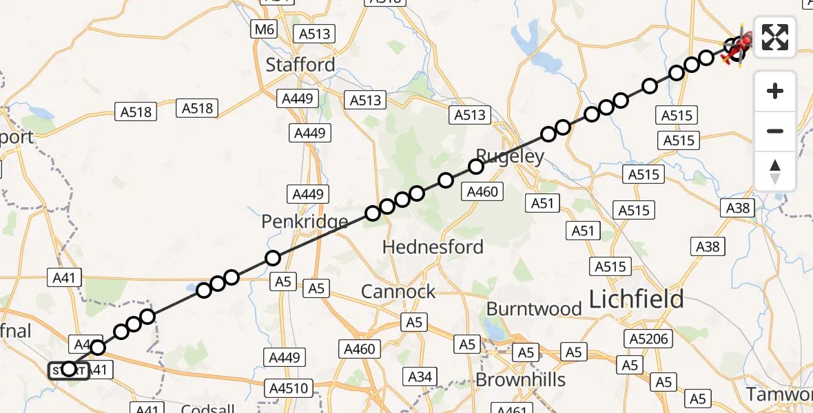 Flight route Air Ambulance Helicopter RAF Cosford - Hanbury, 06 May 2026, 13:48
