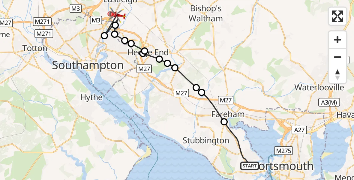 Flight route Air Ambulance Helicopter Gosport - Southampton Airport, 06 May 2026, 13:54