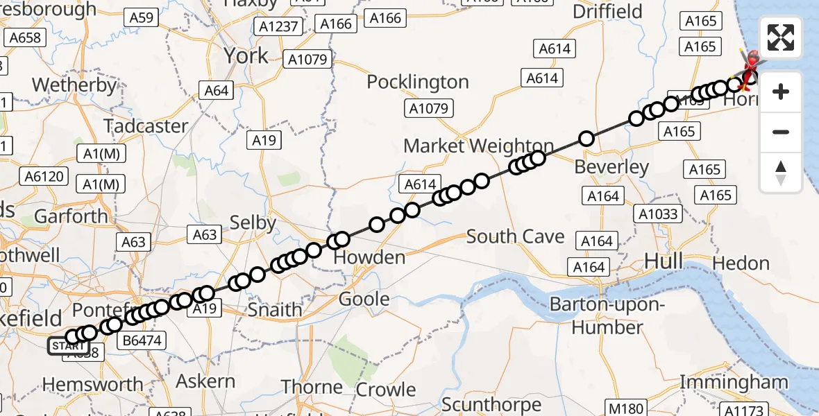 Flight route Air Ambulance Helicopter YAA Nostell Helicopter Port - Atwick, 06 May 2026, 13:58