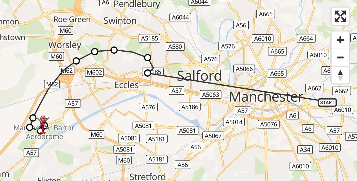 Flight route Air Ambulance Helicopter Beswick - Manchester Barton Aerodrome, 06 May 2026, 14:03