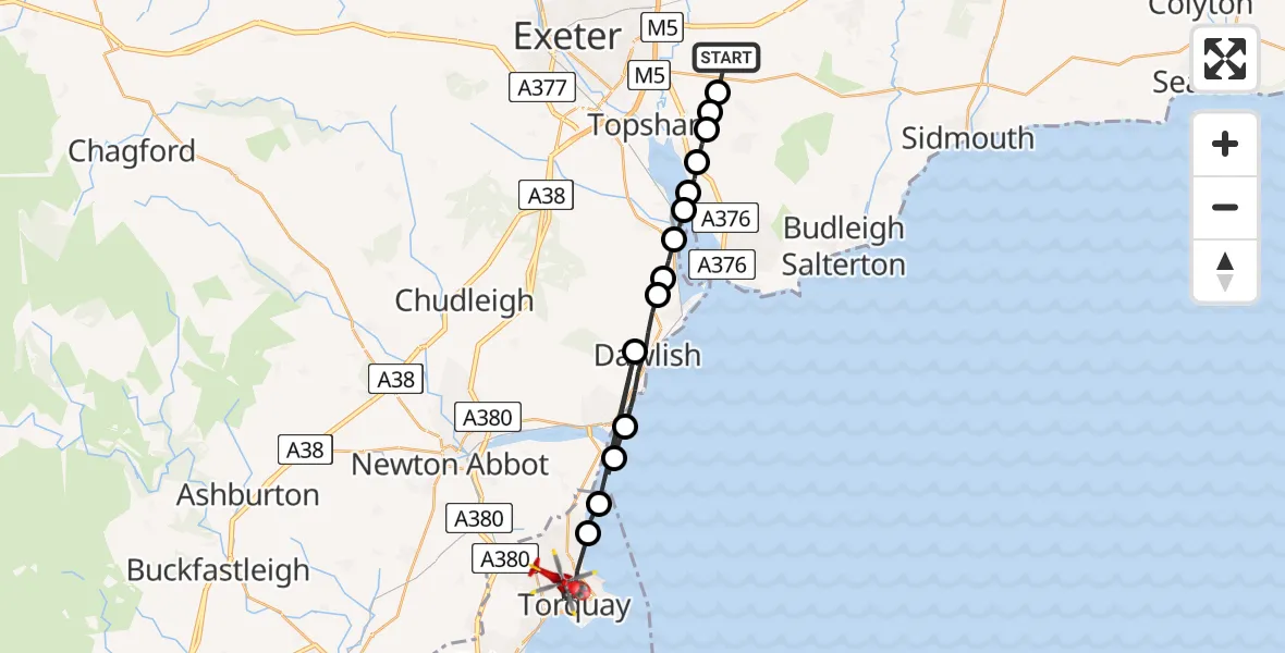 Flight route Air Ambulance Helicopter East Devon - Torquay, 06 May 2026, 14:10