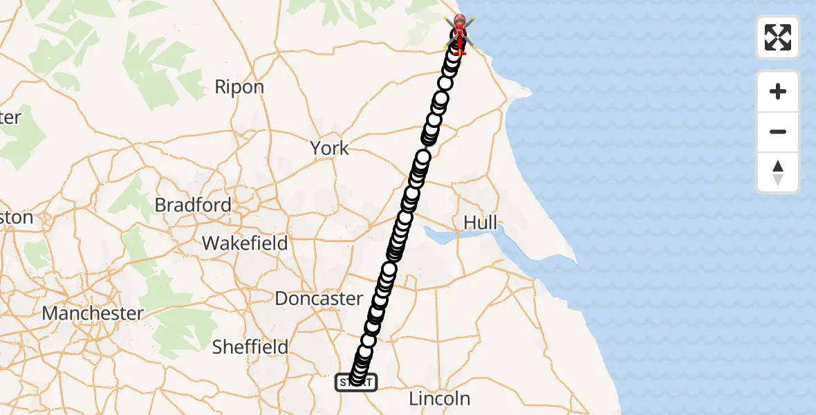 Flight route Air Ambulance Helicopter Retford Gamston Airport - Scarborough, 06 May 2026, 14:37