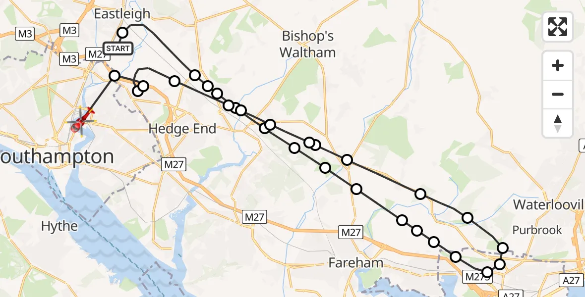 Flight route Air Ambulance Helicopter Southampton Airport - Midanbury, 06 May 2026, 14:38