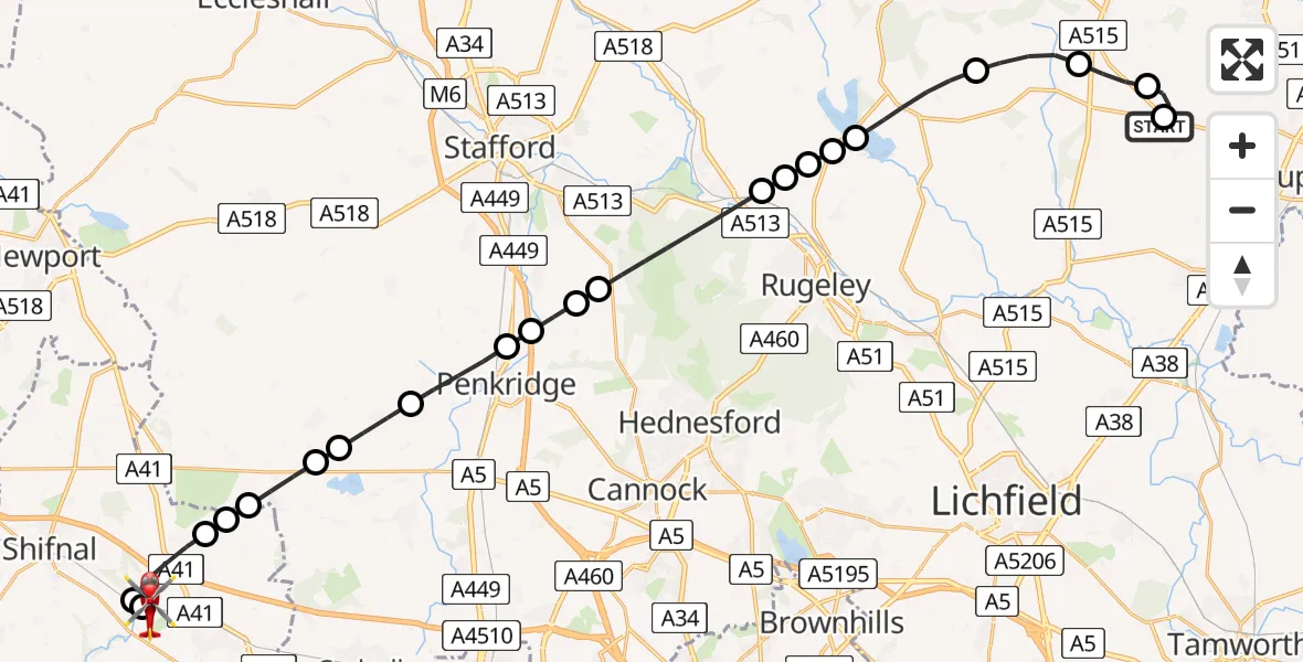 Flight route Air Ambulance Helicopter Anslow - Cosford, 06 May 2026, 14:42
