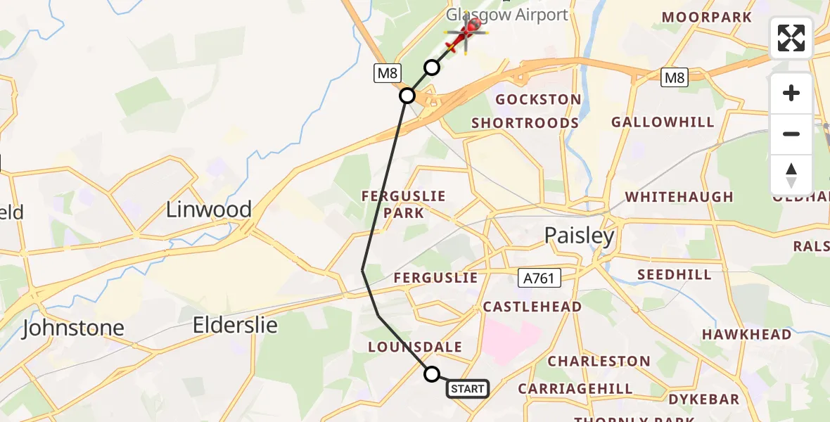 Flight route Air Ambulance Helicopter Paisley - Glasgow Airport, 06 May 2026, 14:52