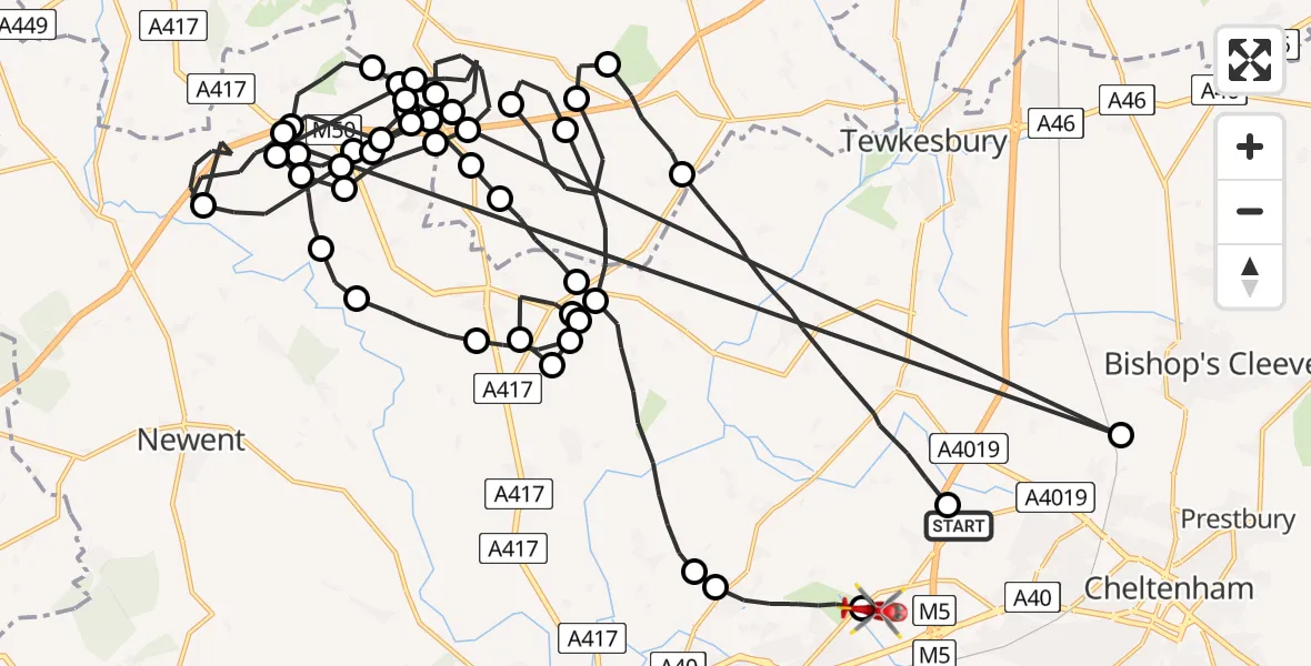Flight route Air Ambulance Helicopter Cheltenham - Gloucestershire Airport, 06 May 2026, 15:06