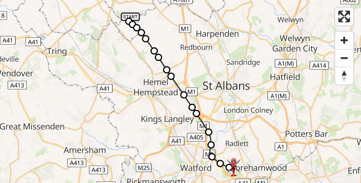 Flight route Air Ambulance Helicopter Holywell - Elstree Airfield, 06 May 2026, 15:11
