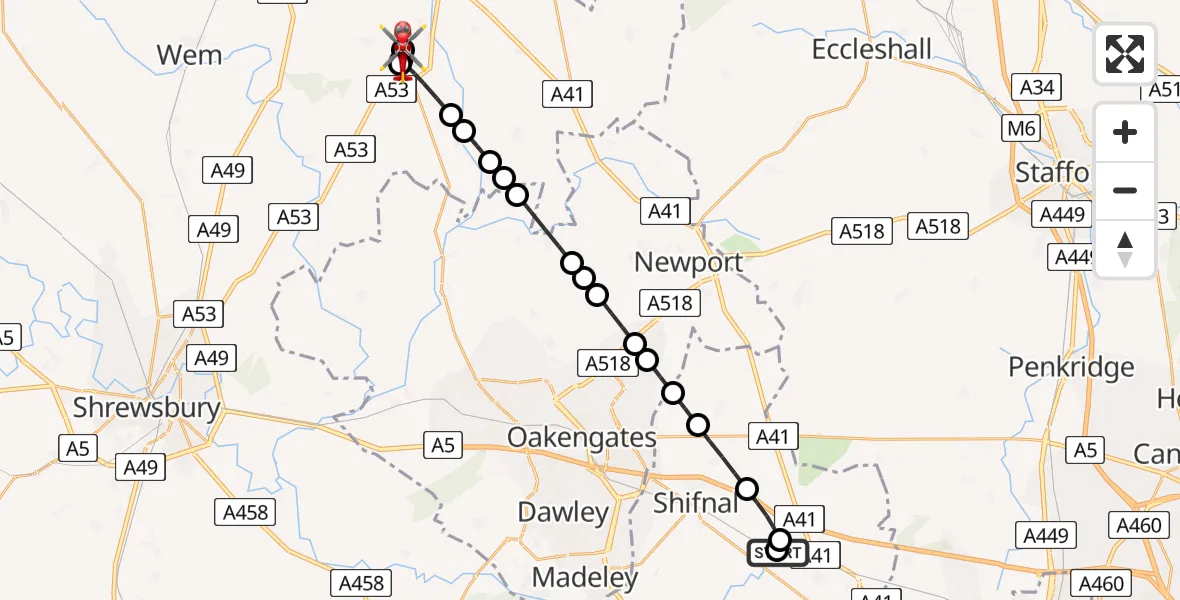 Flight route Air Ambulance Helicopter RAF Cosford - Marchamley, 06 May 2026, 15:16