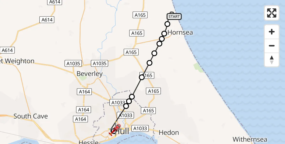Flight route Air Ambulance Helicopter Atwick - Hull Royal Infirmary, 06 May 2026, 15:19