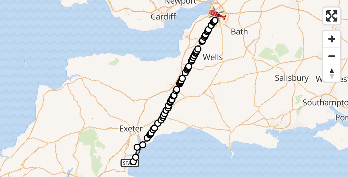 Flight route Air Ambulance Helicopter Barton - Bristol, 06 May 2026, 15:23