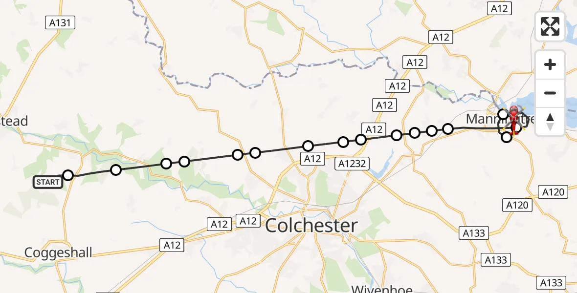 Flight route Air Ambulance Helicopter Earls Colne Airfield - Mistley, 06 May 2026, 15:24