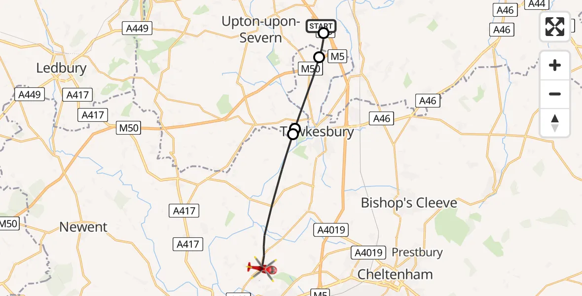 Flight route Air Ambulance Helicopter Kinnersley - Tewkesbury, 06 May 2026, 15:31