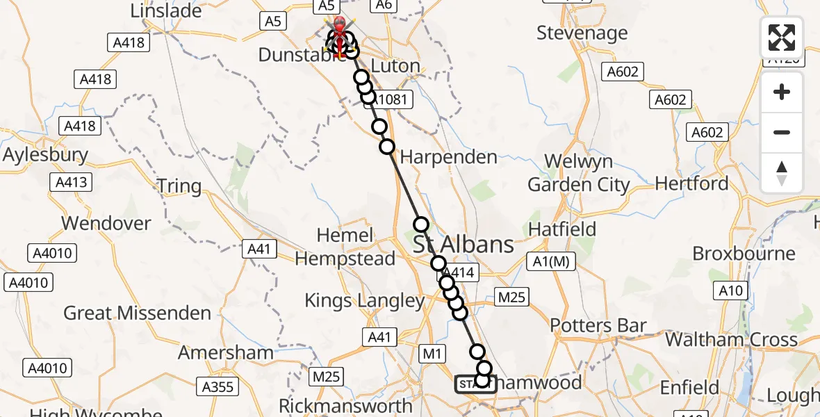Flight route Air Ambulance Helicopter Elstree Airfield - Leagrave, 06 May 2026, 15:35