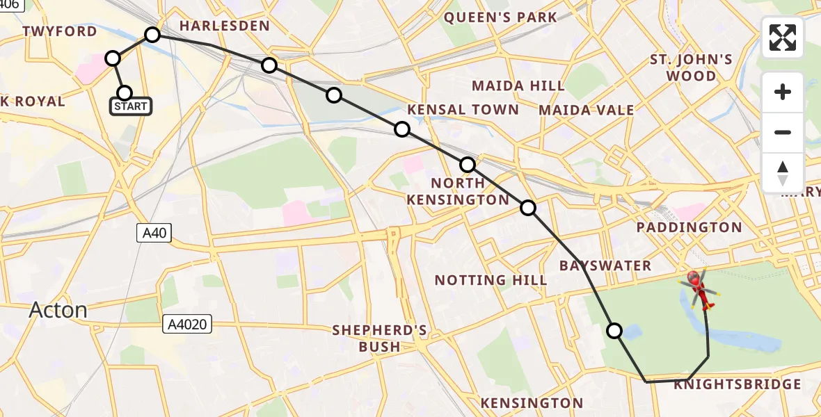 Flight route Air Ambulance Helicopter Park Royal - City of Westminster, 06 May 2026, 15:37