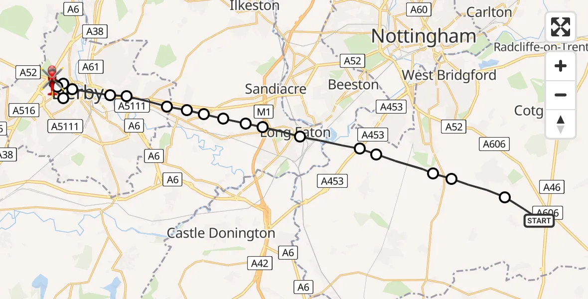 Flight route Air Ambulance Helicopter Widmerpool - Littleover, 06 May 2026, 15:38