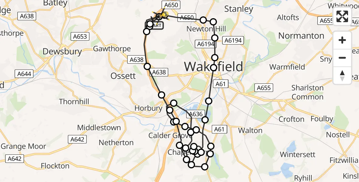 Flight route Police Helicopter Ossett - Wrenthorpe, 06 May 2026, 15:40