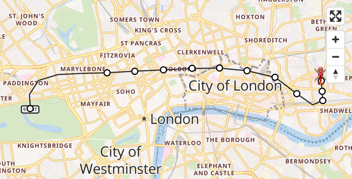 Flight route Air Ambulance Helicopter City of Westminster - Royal London Hospital, 06 May 2026, 15:45