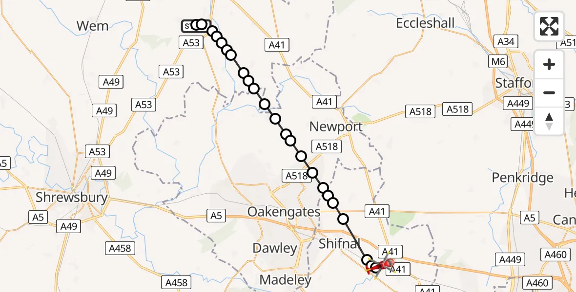 Flight route Air Ambulance Helicopter Wollerton - Cosford, 06 May 2026, 15:51