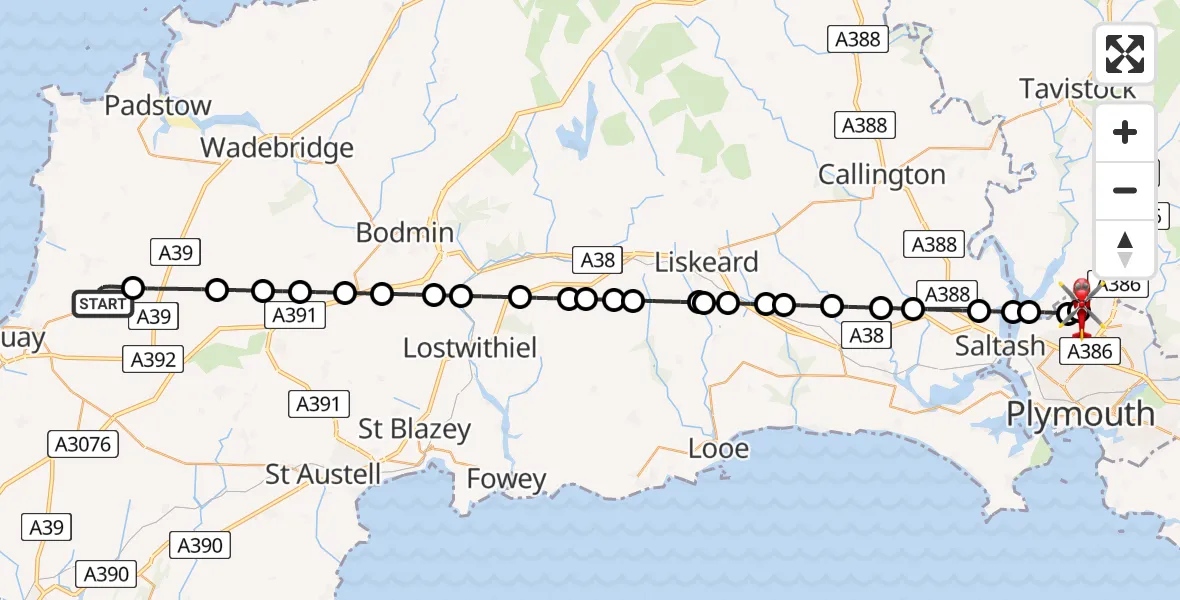 Flight route Air Ambulance Helicopter Cornwall Airport Newquay - Southway, 06 May 2026, 15:58