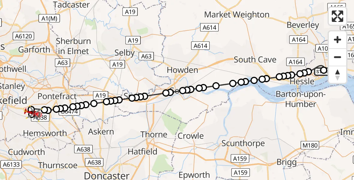 Flight route Air Ambulance Helicopter Hull Royal Infirmary - YAA Nostell Helicopter Port, 06 May 2026, 16:02
