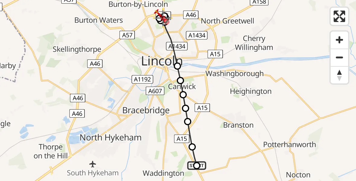 Flight route Air Ambulance Helicopter RAF Waddington - Burton CP, 06 May 2026, 16:11