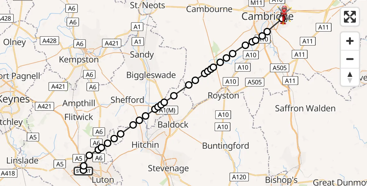 Flight route Air Ambulance Helicopter Luton & Dunstable - Cambridge City Airport, 06 May 2026, 16:13
