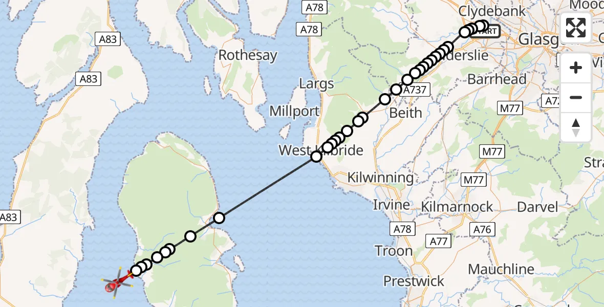 Flight route Air Ambulance Helicopter Glasgow Airport - Inner Seas, 06 May 2026, 16:27