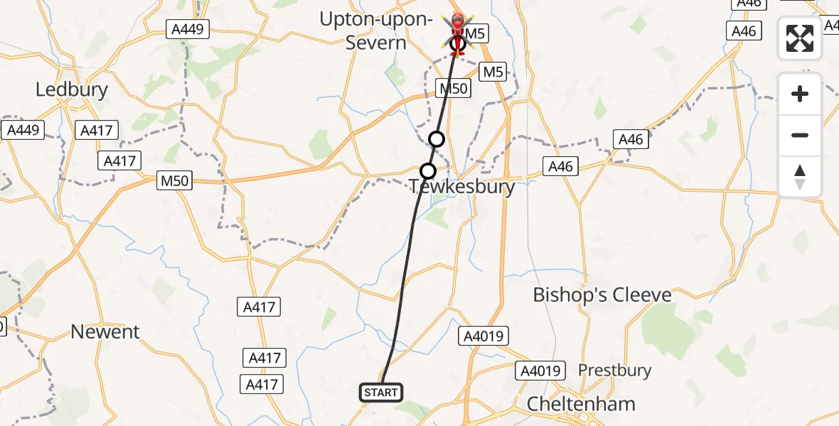 Flight route Air Ambulance Helicopter Tewkesbury - Upper Strensham, 06 May 2026, 16:33