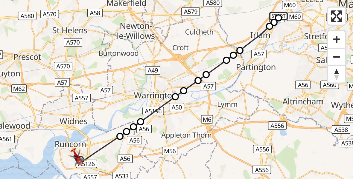 Flight route Air Ambulance Helicopter Manchester Barton Aerodrome - Runcorn, 06 May 2026, 16:35