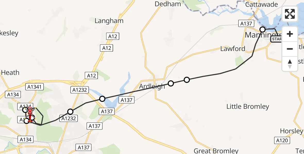 Flight route Air Ambulance Helicopter Mistley - Colchester Hospital, 06 May 2026, 16:39