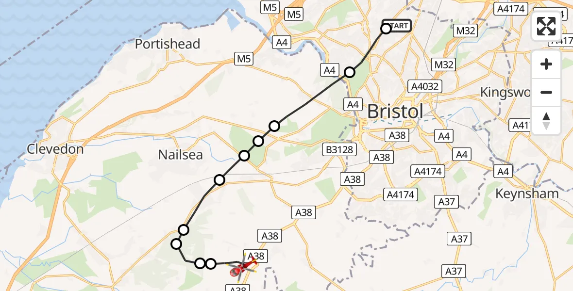 Flight route Air Ambulance Helicopter Southmead Hospital - Bristol Airport, 06 May 2026, 16:39