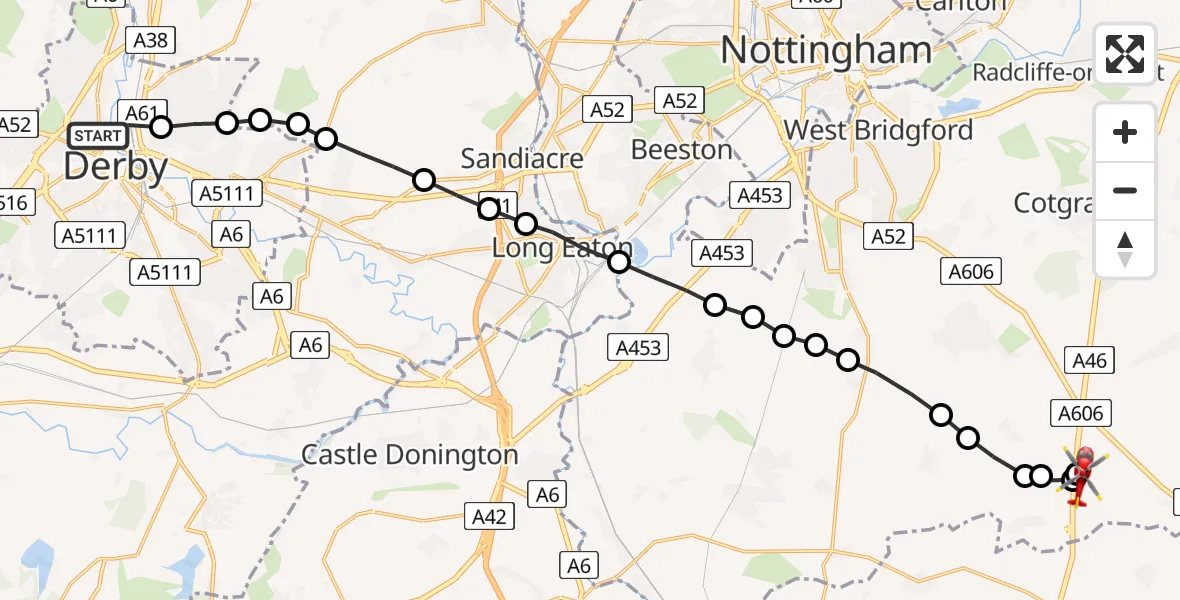 Flight route Air Ambulance Helicopter Little Chester - Rushcliffe, 06 May 2026, 16:56