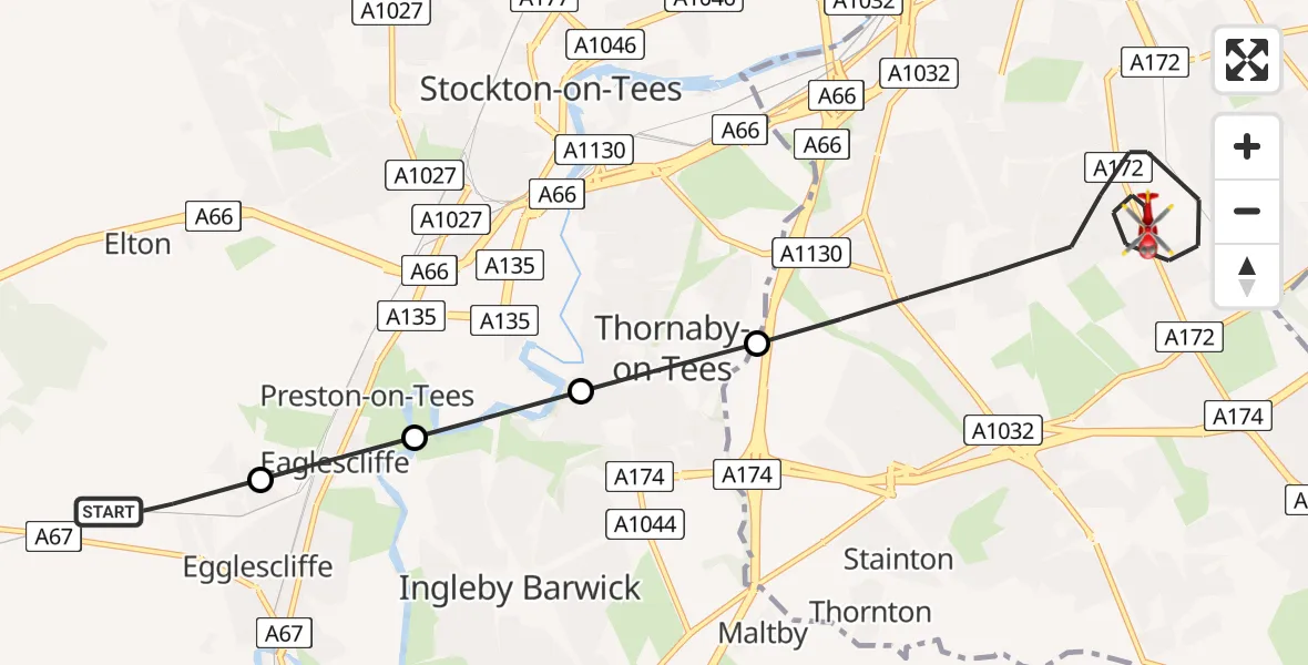 Flight route Air Ambulance Helicopter Egglescliffe - James Cook University Hospital, 06 May 2026, 17:02