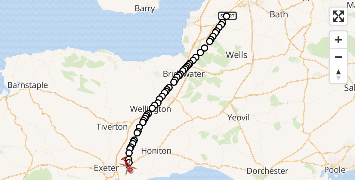 Flight route Air Ambulance Helicopter Bristol Airport - Rockbeare, 06 May 2026, 17:03