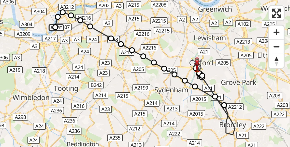 Flight route Air Ambulance Helicopter London Heliport - Ladywell, 06 May 2026, 17:12