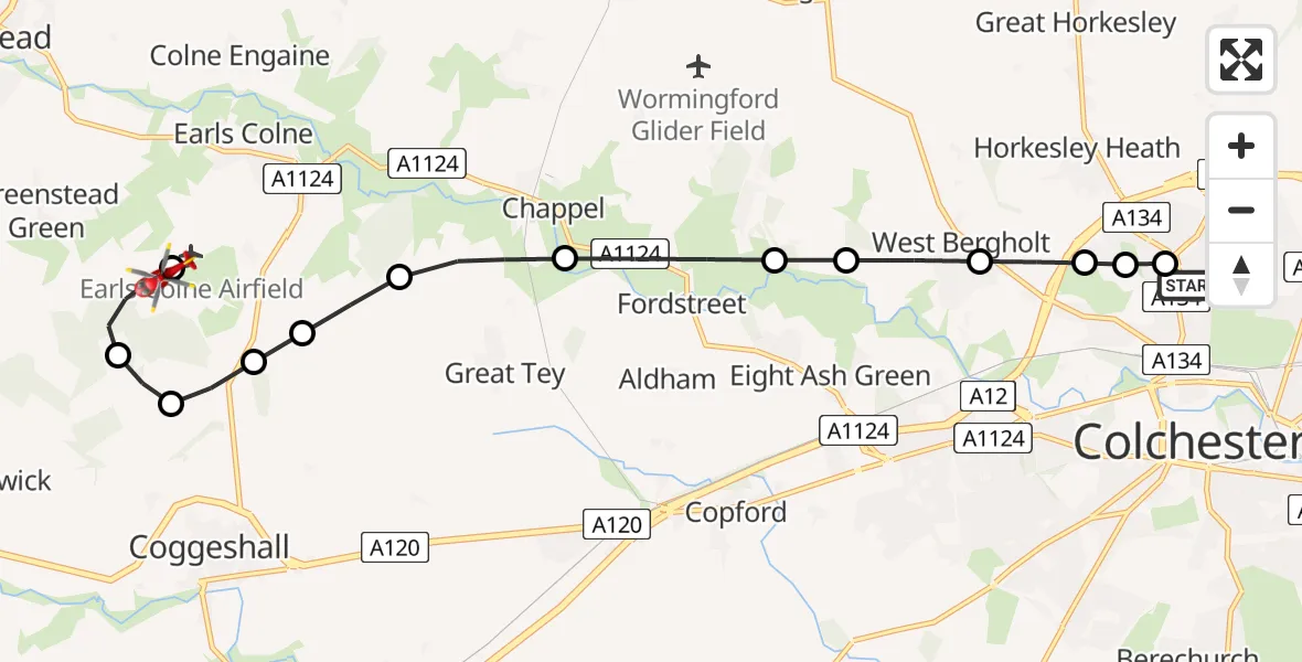 Flight route Air Ambulance Helicopter Colchester Hospital - Earls Colne Airfield, 06 May 2026, 17:12