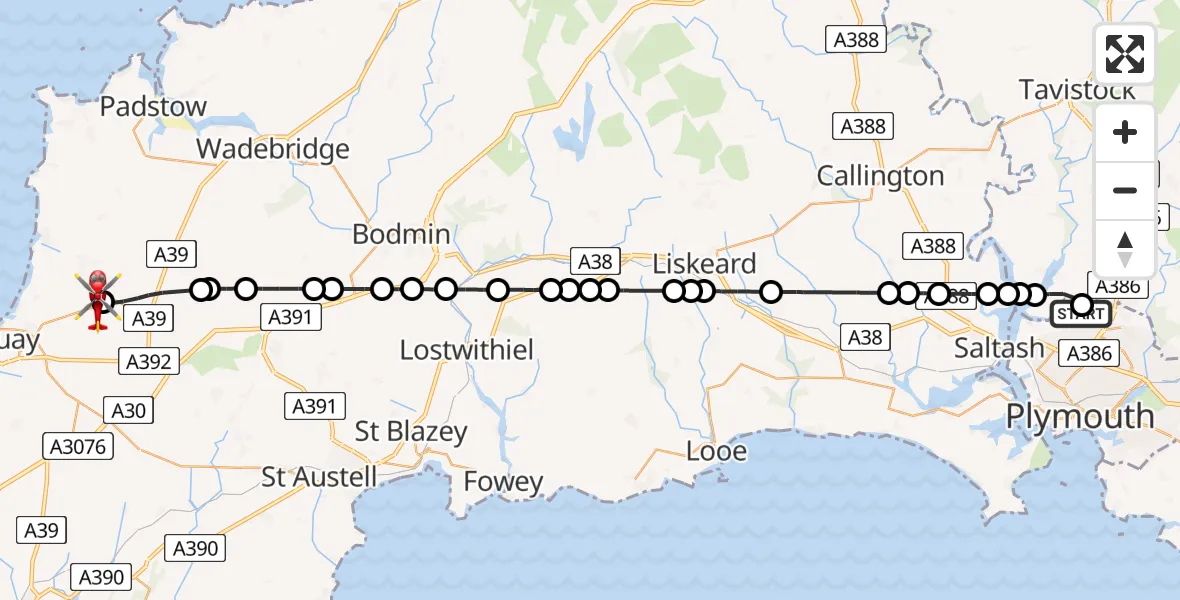 Flight route Air Ambulance Helicopter Southway - Cornwall Airport Newquay, 06 May 2026, 17:13