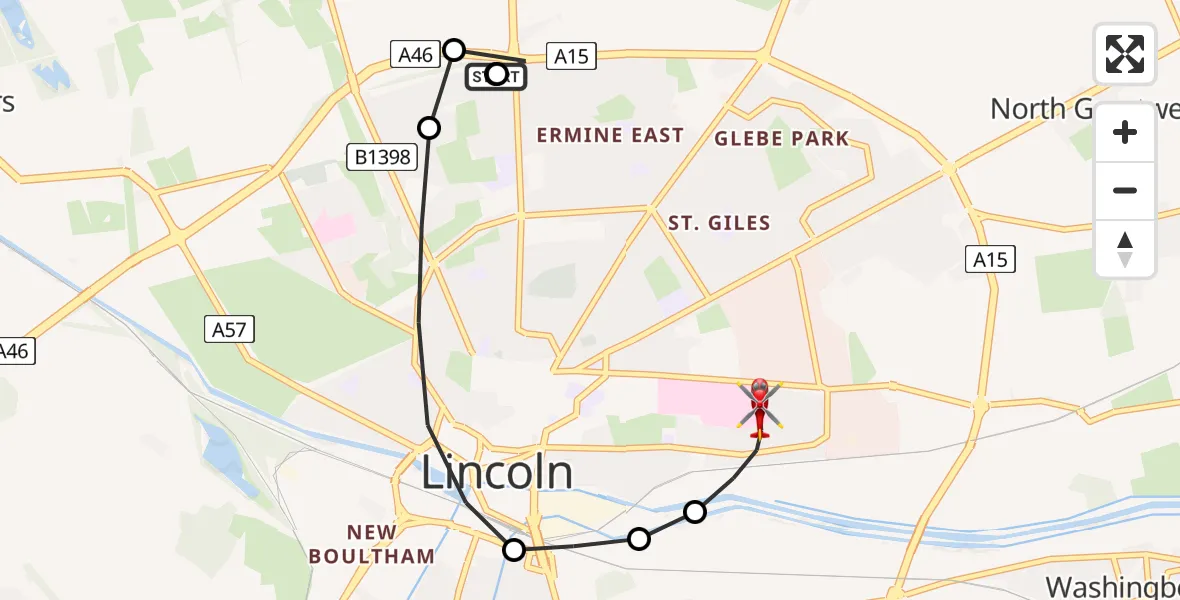 Flight route Air Ambulance Helicopter Lincoln - Bracebridge, 06 May 2026, 17:20
