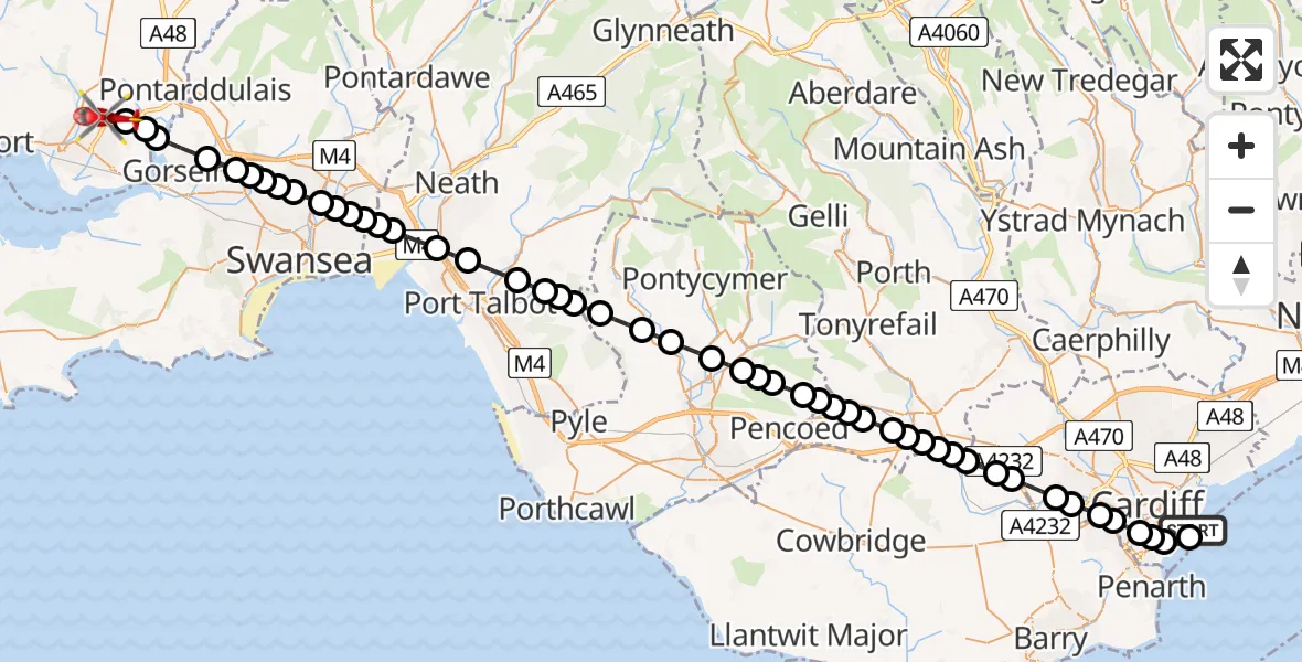 Flight route Air Ambulance Helicopter Cardiff Heliport - Dafen, 06 May 2026, 17:24