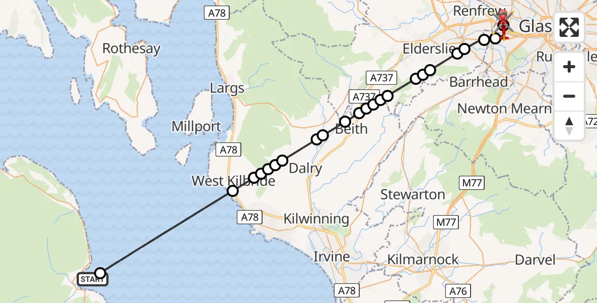 Flight route Air Ambulance Helicopter Brodick - Queen Elizabeth Hospital, 06 May 2026, 17:29