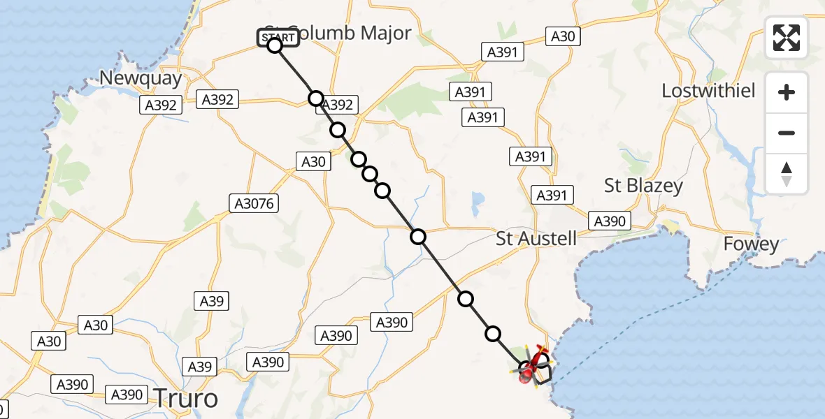 Flight route Air Ambulance Helicopter Cornwall Airport Newquay - Mevagissey, 06 May 2026, 18:06