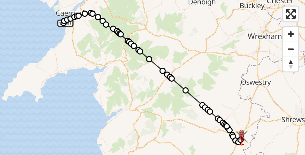 Flight route Air Ambulance Helicopter Caernarfon Airport - Welshpool Airport, 06 May 2026, 18:10