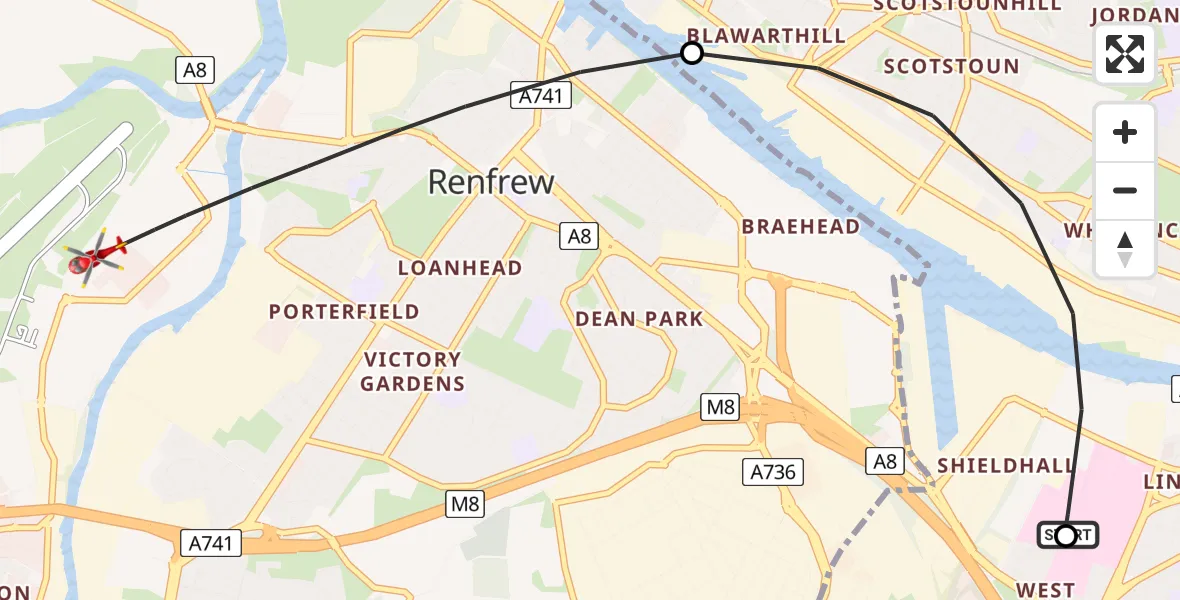 Flight route Air Ambulance Helicopter Queen Elizabeth Hospital - Paisley, 06 May 2026, 18:10