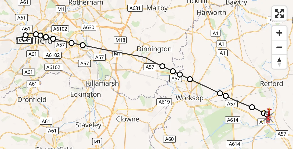 Flight route Air Ambulance Helicopter Sheffield Childrens Hospital - Retford Gamston Airport, 06 May 2026, 18:17