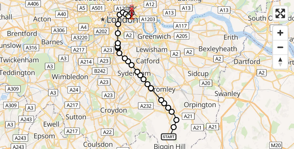 Flight route Air Ambulance Helicopter London Biggin Hill Airport - Royal London Hospital, 06 May 2026, 18:17