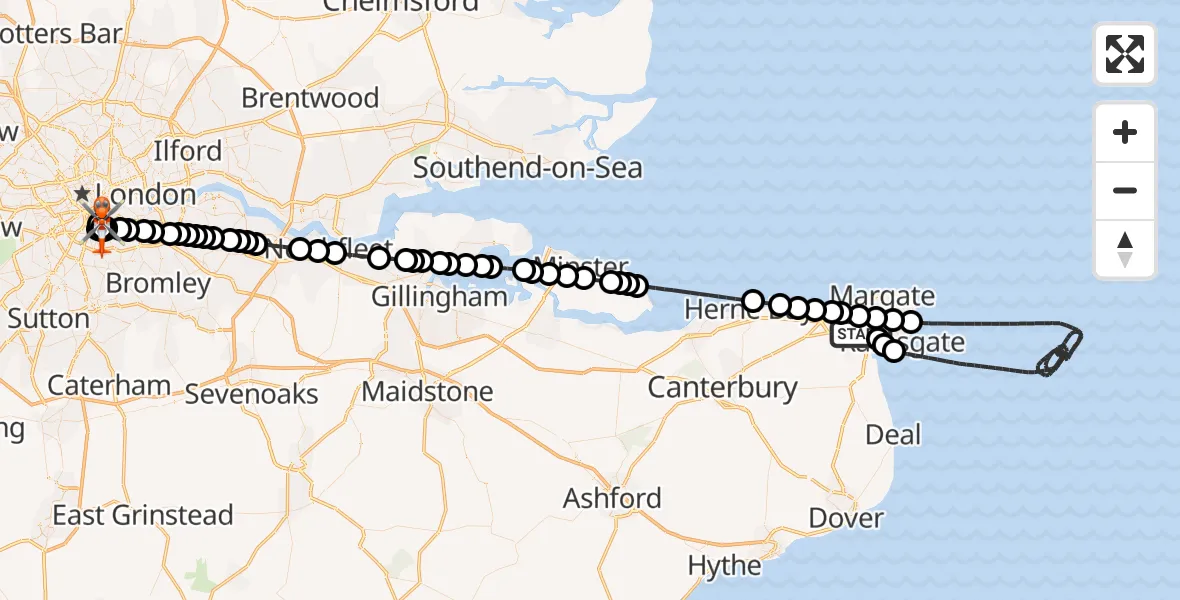 Flight route Coastguard Helicopter Manston Airport - Kings College London Hospital, 06 May 2026, 18:22
