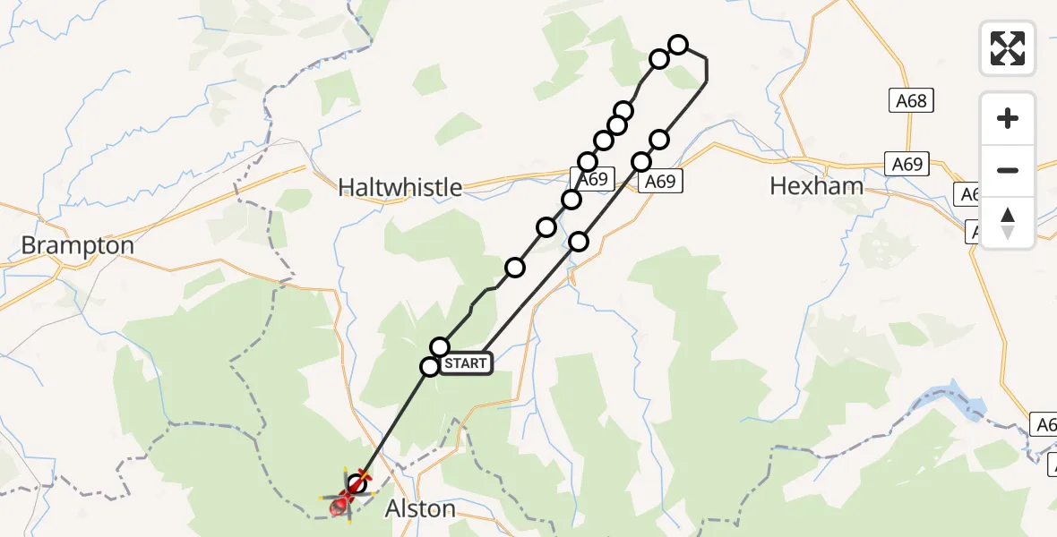 Flight route Air Ambulance Helicopter Plenmeller with Whitfield - Knaresdale with Kirkhaugh, 06 May 2026, 18:24