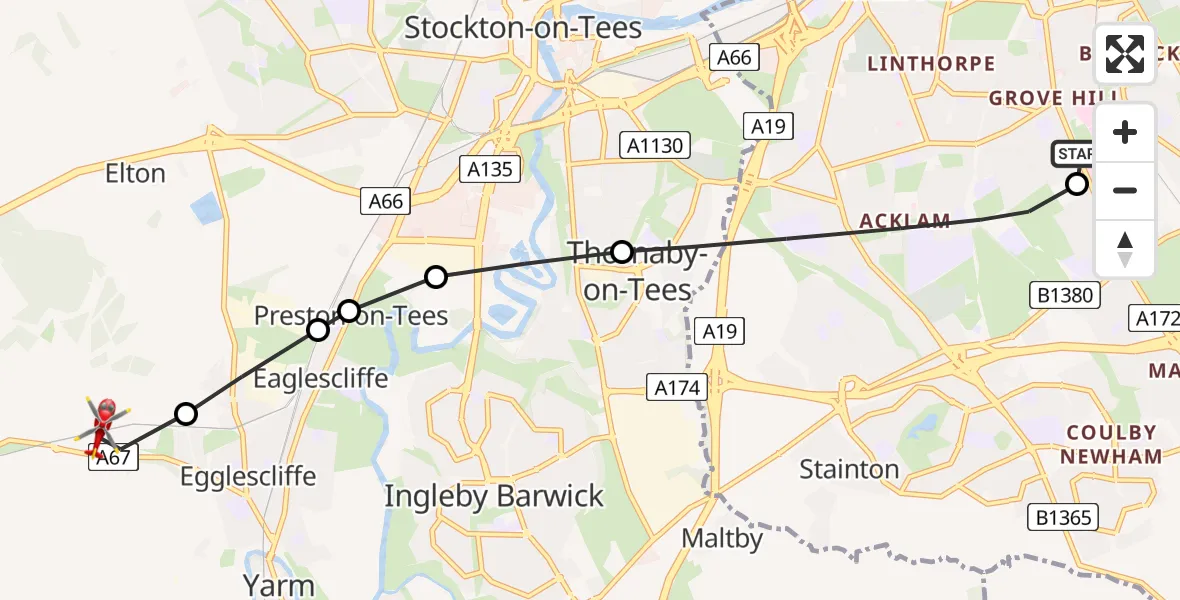 Flight route Air Ambulance Helicopter James Cook University Hospital - Egglescliffe, 06 May 2026, 18:30