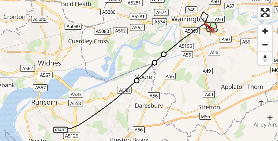 Flight route Air Ambulance Helicopter Runcorn - Warrington, 06 May 2026, 18:31