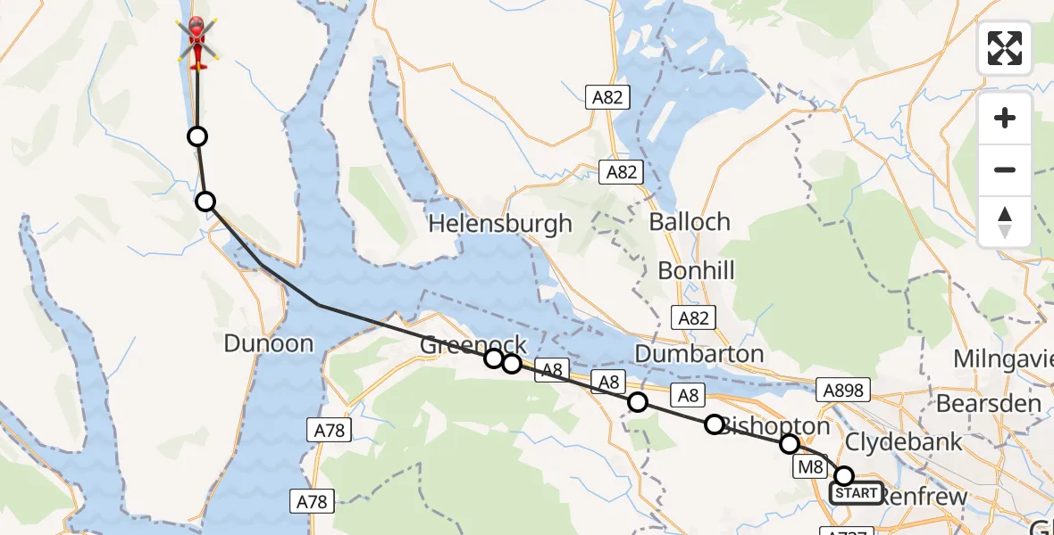 Flight route Air Ambulance Helicopter Inchinnan - Strachur, 06 May 2026, 18:51